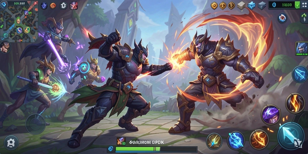 Screenshot gameplay 8QR menampilkan pertarungan tim yang dinamis.