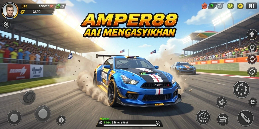 Gameplay balap seru AMPER88 dengan trek menantang.
