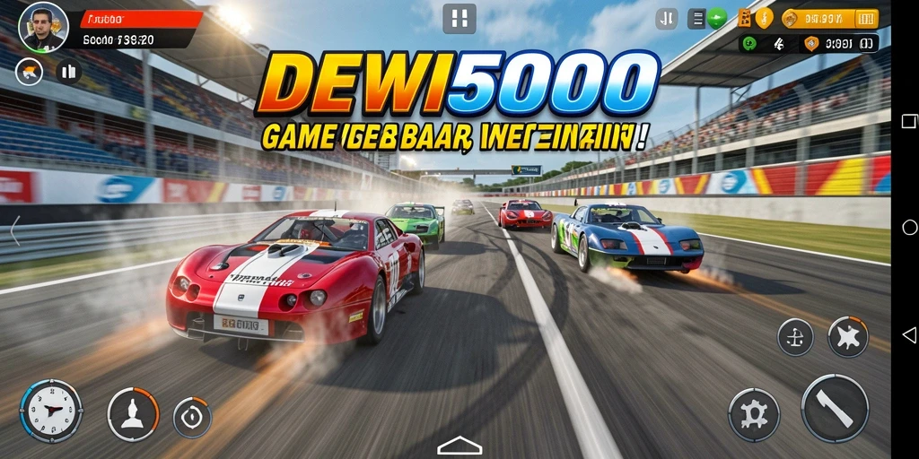 Gameplay mendebarkan DEWI5000 dengan mobil balap yang sleek.