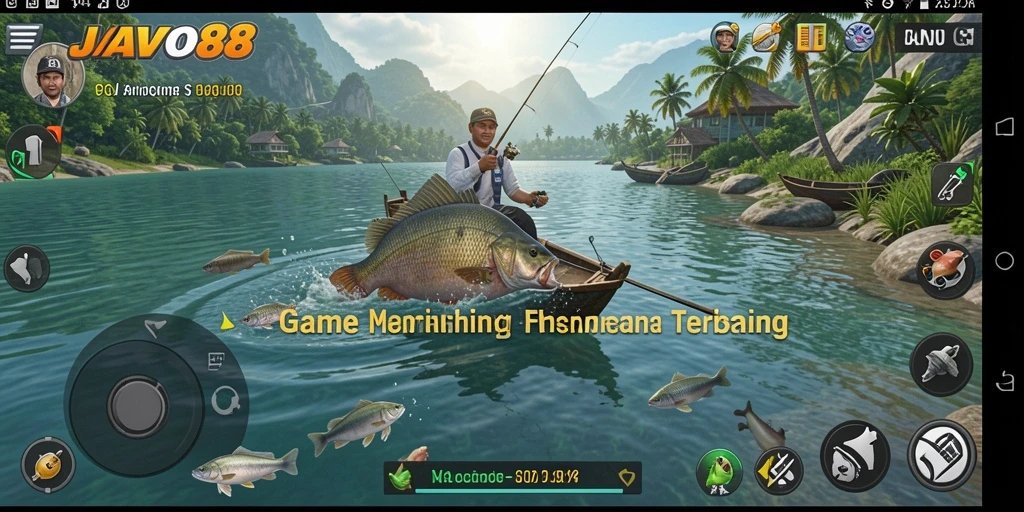 Screenshot JAVO88 menampilkan aksi seru memancing di danau yang indah.