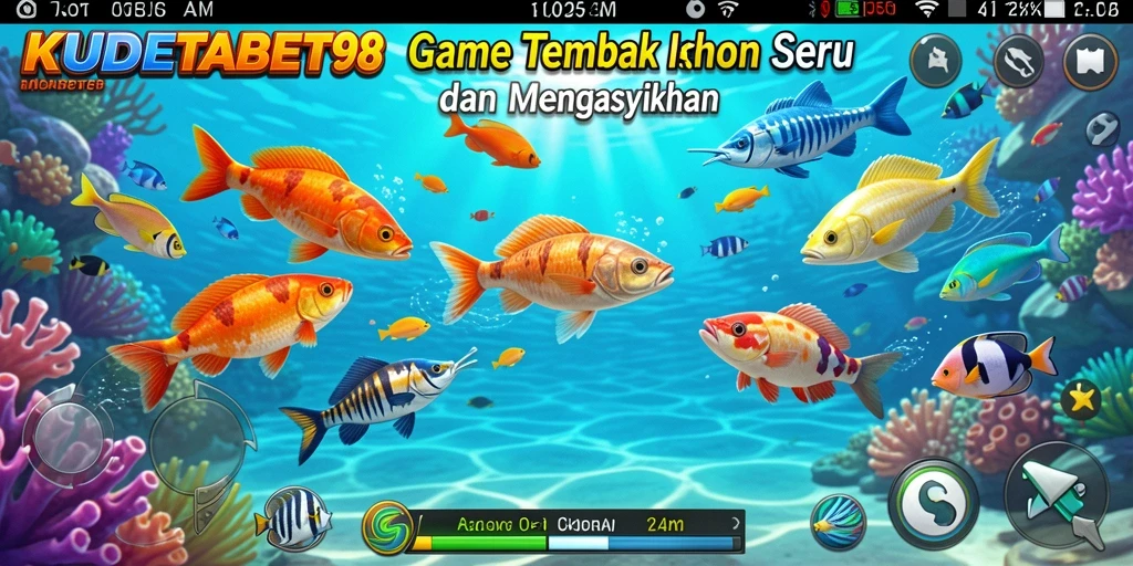 Tampilan gameplay seru di KUDETABET98 dengan ikan berwarna-warni.
