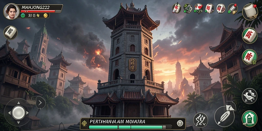 Screenshot gameplay MAHJONG222 menunjukkan serangan menara yang mendebarkan.