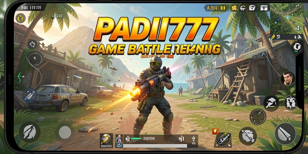 Screenshot utama PADI777 menampilkan aksi pertempuran intens dalam Battle Royale.