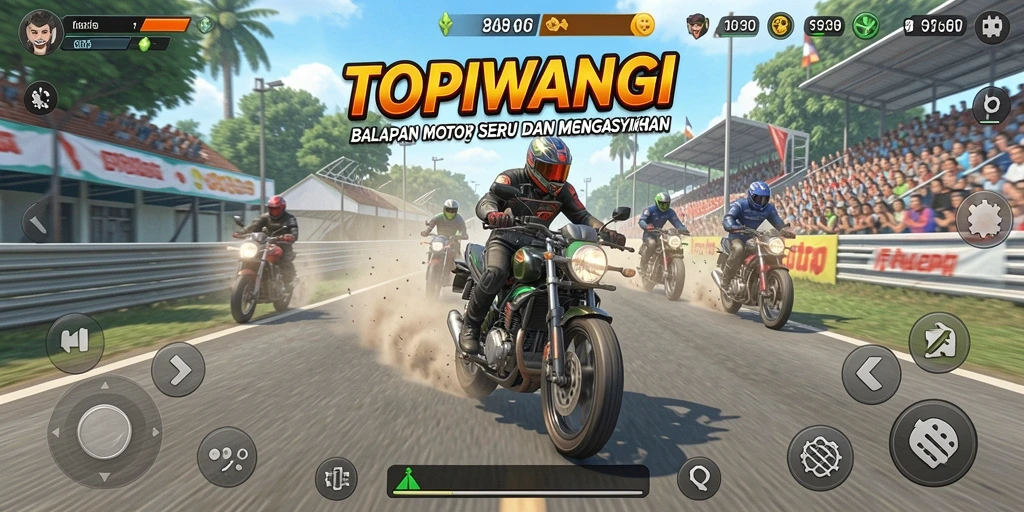 Screenshot gameplay TOPIWANGI menampilkan balapan motor yang seru dan penuh aksi.