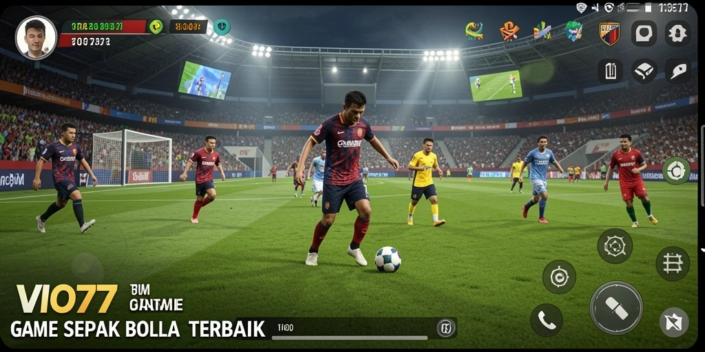 Screenshot dari gameplay <strong>VIO77</strong> menampilkan aksi seru di lapangan sepak bola.